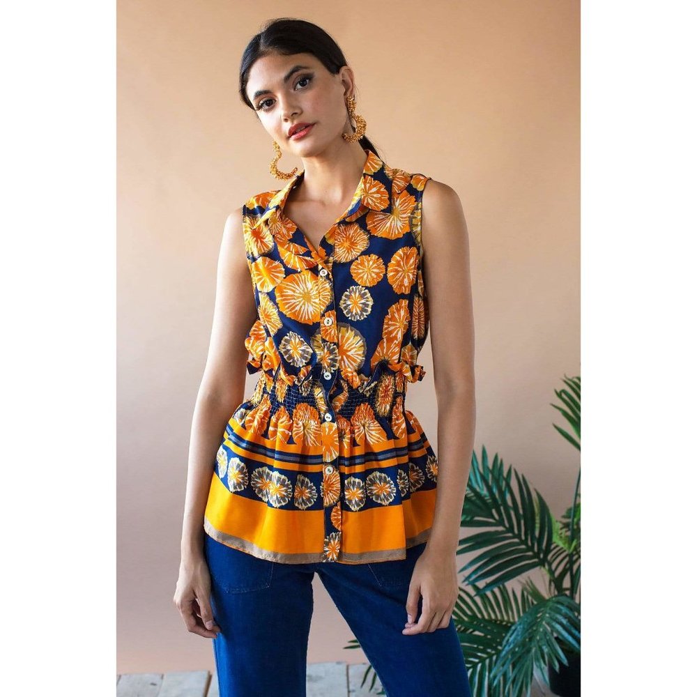 Eva Franco Summer Sleeveless Orange and Navy Matilda Collared Shirt Top